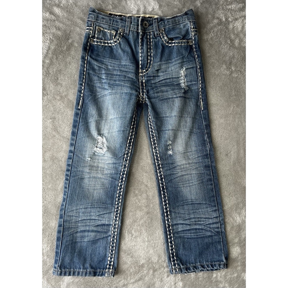 Platini‎ Jeans Boys 6 Blue Denim Cowboy Cut Western whiskers embellished 22x18